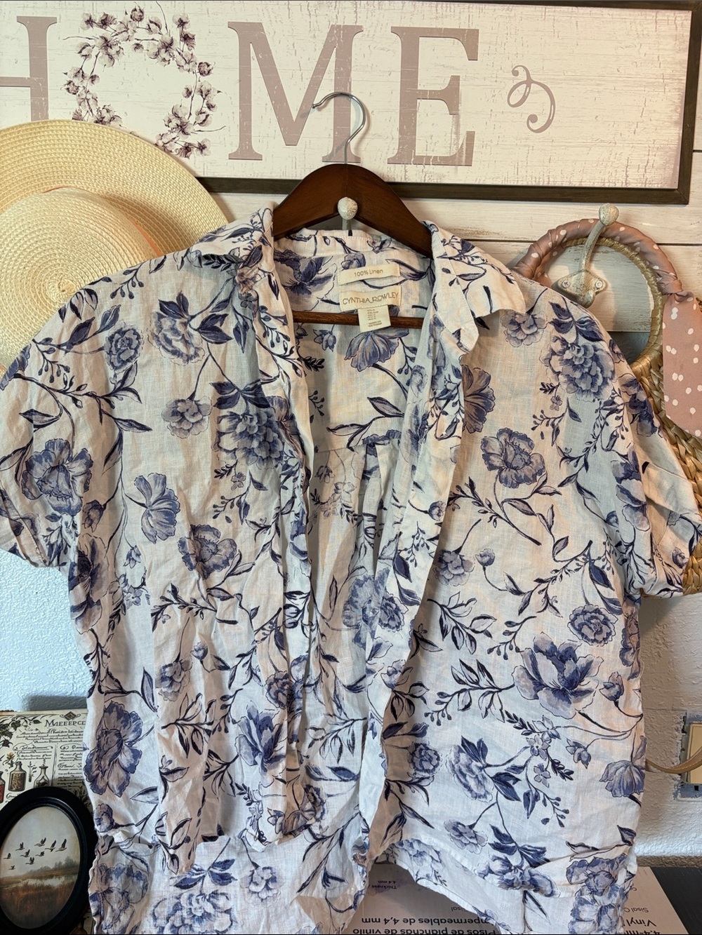 Cynthia Rowley 100% Linen Blue Floral Oversized Button Down Coastal Shirt
